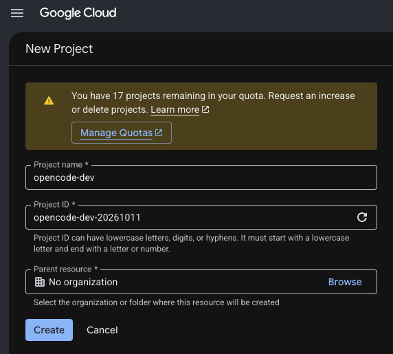 Screen to create a new project in Google Cloud Platform